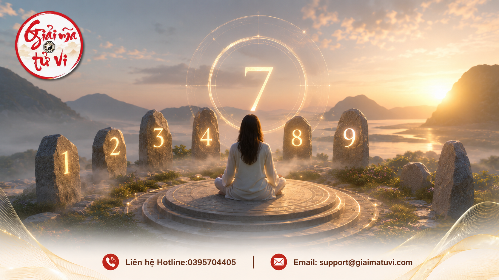 Người ngồi thiền trên đài đá đài đá khắc vòng tròn số học lúc rạng đông giữa các cột đá đánh số từ 1 đến 9 với số 7 tỏa sáng ở tâm điểm