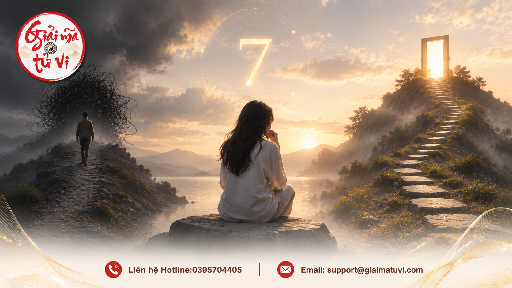 Người ngồi suy tư bên bờ hồ mờ sương dưới biểu tượng số 7 phát sáng, đứng trước hai lối đi: con đường trắc trở vào bụi gai và bậc thang đá dẫn lên cánh cổng ánh sáng