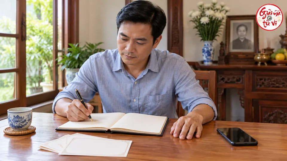 Người đàn ông viết vào sổ cạnh điện thoại và các tờ giấy trống trên bàn