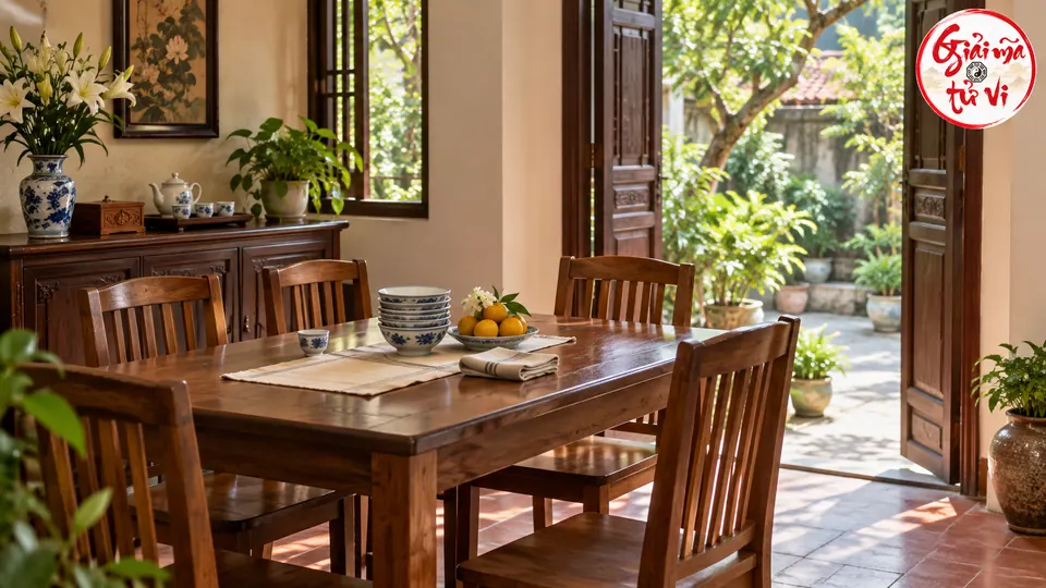 Bàn gỗ với ghế, bát xếp gọn và bộ ấm chén cạnh cửa mở ra sân xanh