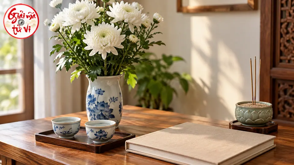 Bình hoa cúc trắng, chén nước, sổ kỷ niệm đóng và bát hương không cháy trên bàn gỗ
