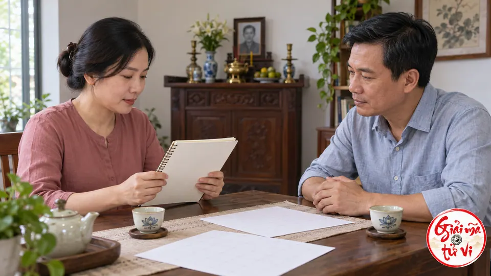 Hai người trong gia đình xem sổ và bàn việc trước buổi tưởng niệm