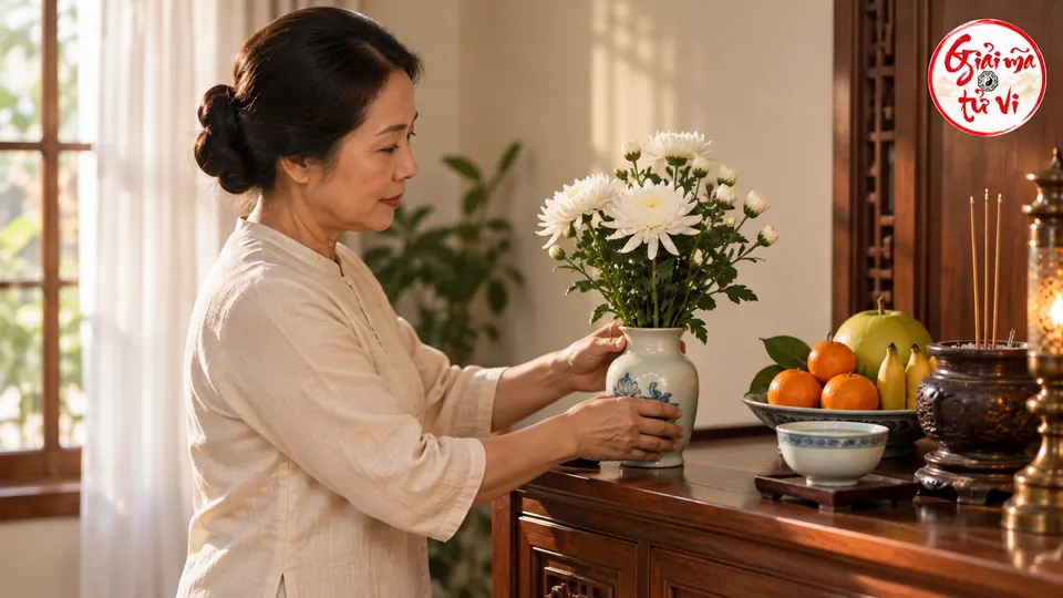 Người phụ nữ đặt bình hoa cúc trắng trên bàn tưởng niệm trong nhà