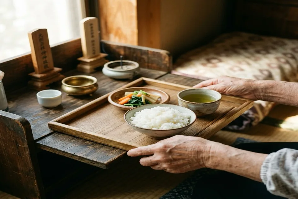 Hai tay đặt khay cơm, rau và canh trước nơi tưởng niệm có bài vị gỗ và bát hương trong nhà