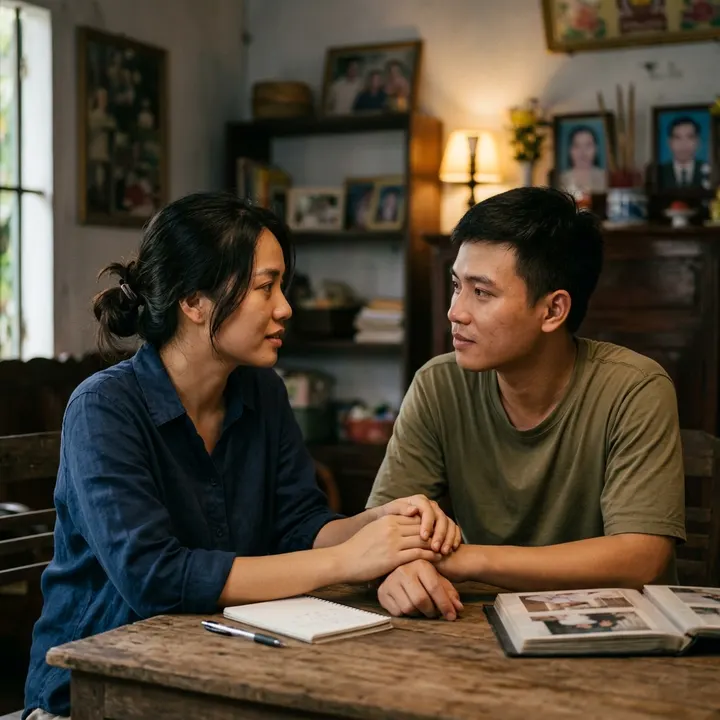 Hai người ngồi đối diện, đặt tay gần nhau bên sổ và album ảnh trên bàn