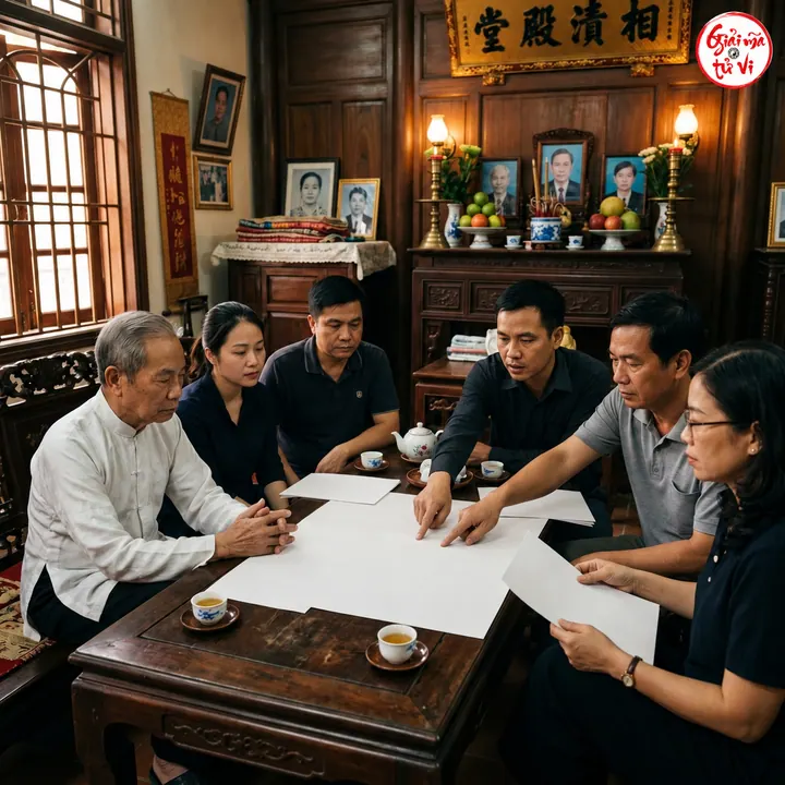 Sáu người ngồi quanh bàn gỗ có giấy trắng và ấm trà trong căn phòng thờ gia đình