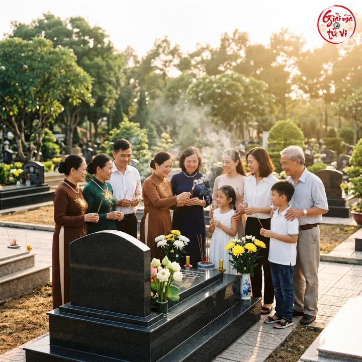 Gia đình nhiều thế hệ đứng cạnh phần mộ có hoa trắng và vàng dưới cây xanh