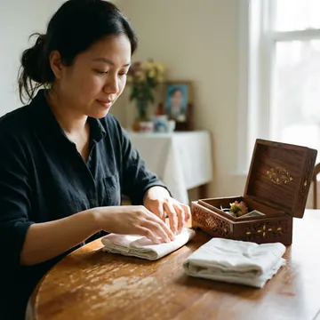 Người phụ nữ gấp vải trắng trên bàn cạnh hộp gỗ mở nắp