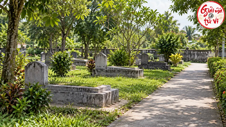 Lối đi lát đá giữa các phần mộ thấp, cây xanh và cỏ dưới ánh sáng ban ngày