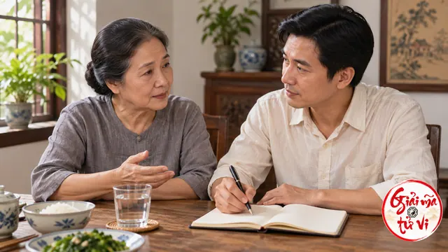 Hai người lớn trao đổi bên sổ mở, chén nước và bát cơm trên bàn