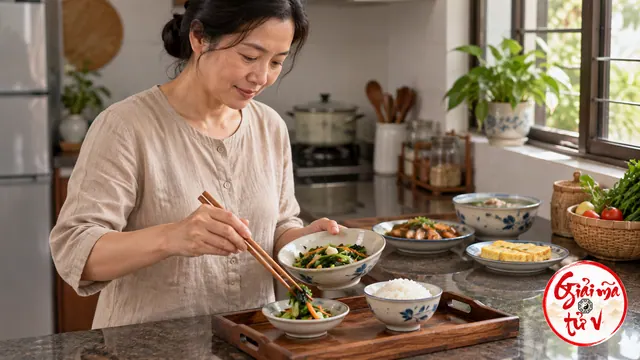 Người phụ nữ chia một phần rau chín vào đĩa nhỏ cạnh khay có bát cơm