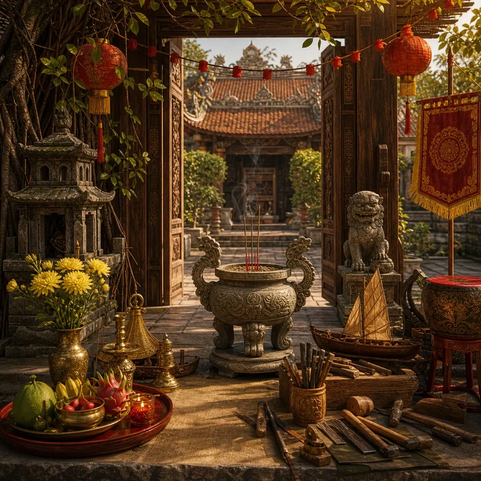 Cổng tam quan cổ kính của ngôi đình làng gắn liền với truyền thống bách nghệ tri ân