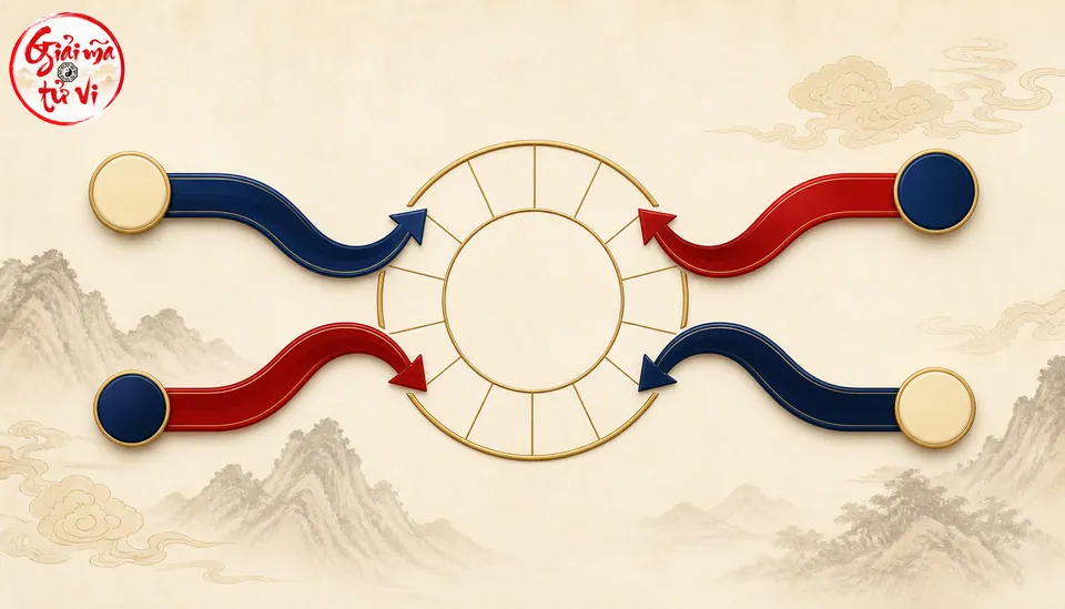 Bốn luồng màu đỏ và xanh đi theo hai chiều quanh vòng mười hai cung minh họa bốn trường hợp âm dương nam nữ