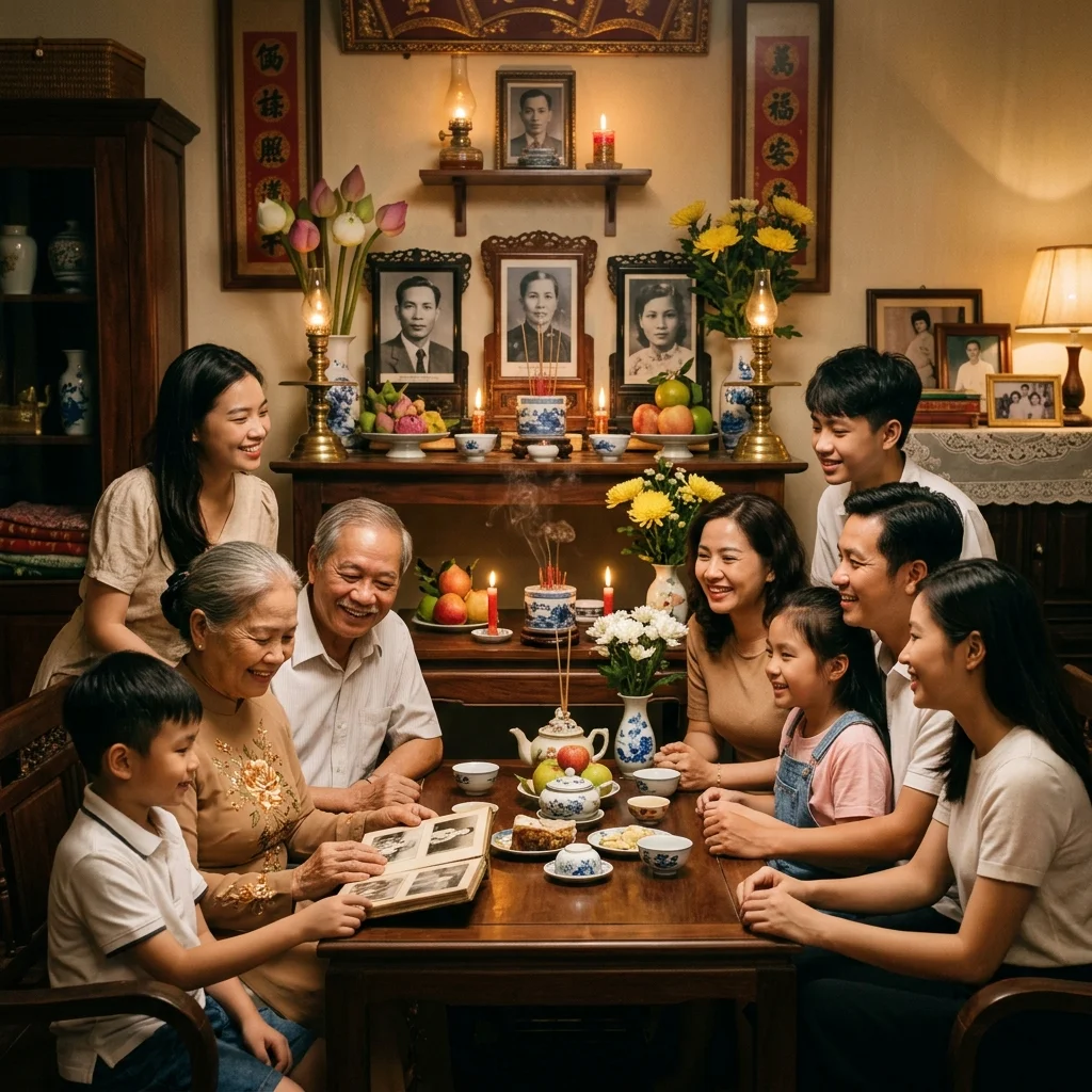 Gia đình ba thế hệ sum vầy ấm cúng bên bàn trà minh họa đạo hiếu và sự chuẩn bị bình an cho hậu sự