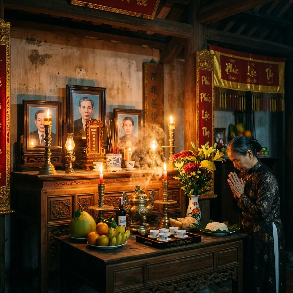 Bàn thờ gia tiên trang nghiêm thanh tịnh với nén hương trầm và hoa sen biểu trưng cho sự kết nối thế hệ