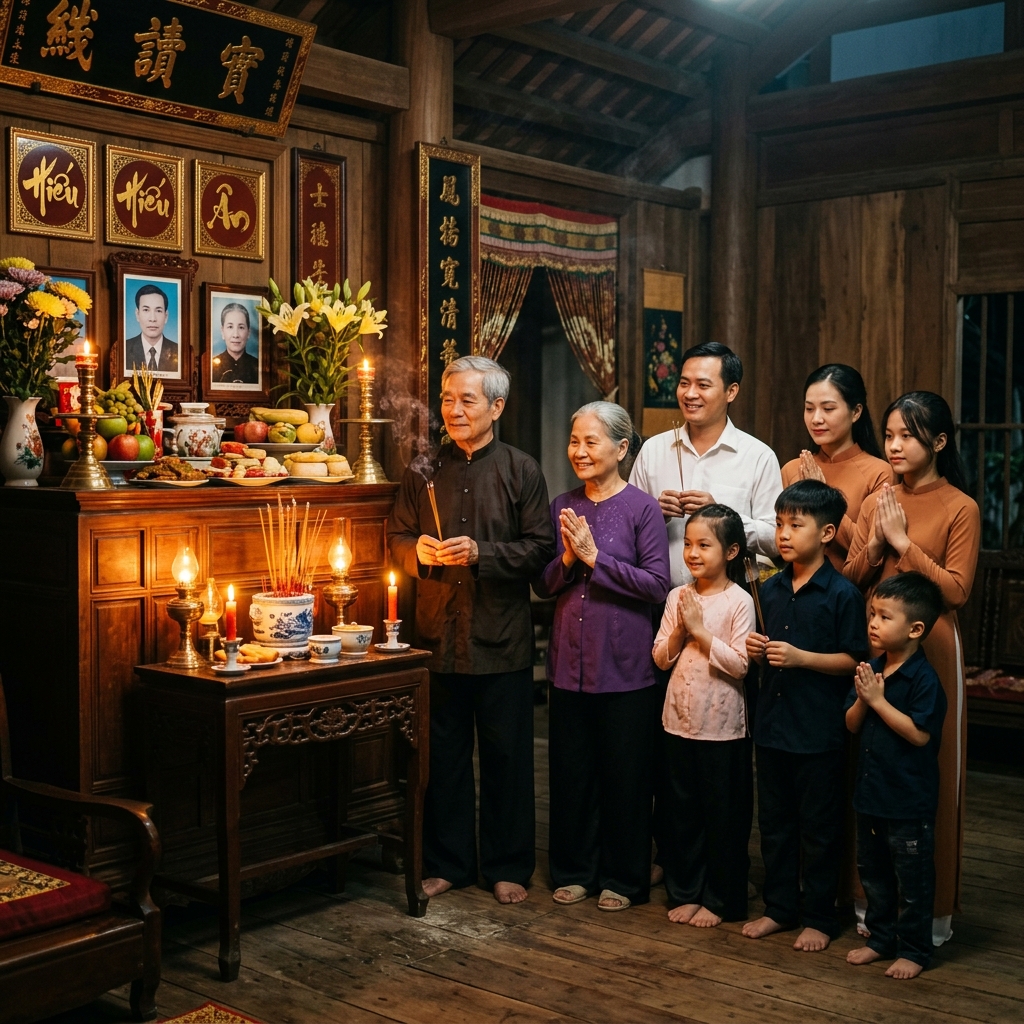 Gia đình ba thế hệ người Việt đứng trang nghiêm và an hòa trước bàn thờ tổ tiên với lòng hiếu thảo và ánh nến ấm áp