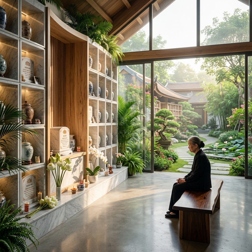 Người phụ nữ ngồi tịnh tâm trên ghế gỗ trong nhà lưu tro cốt kiến trúc mở hiện đại nhìn ra hoa viên cây xanh và hồ sen thanh tịnh