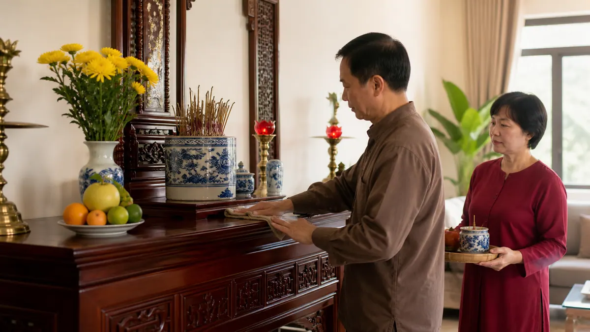 Hai người chăm sóc bàn thờ bằng gỗ có bình hoa và bát hương.