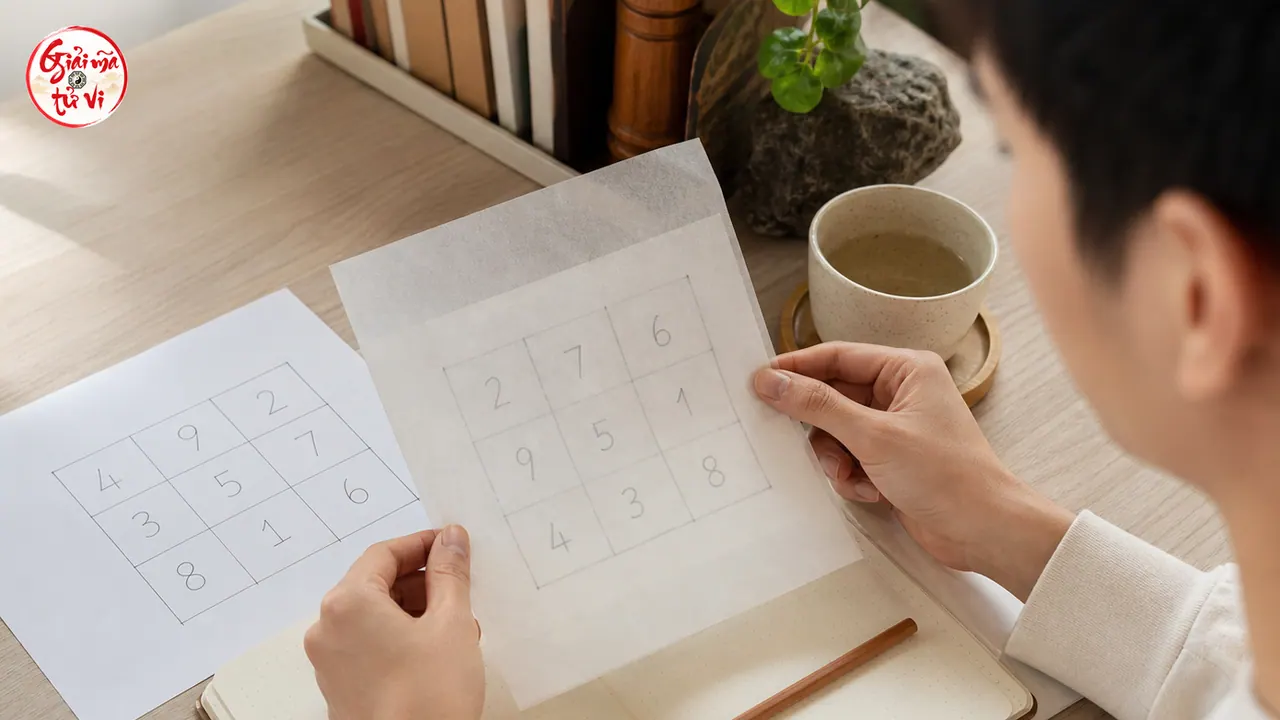 Người Việt Nam đặt hai biểu đồ 3×3 từ ngày sinh và họ tên lên nhau bằng giấy can