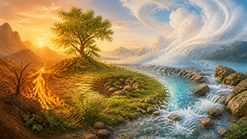 Bản đồ tổng hòa bốn nguyên tố Lửa, Đất, Khí, Nước biểu trưng cho sự cân bằng nội tâm con người