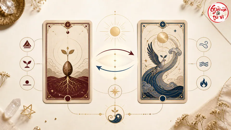 Sơ đồ hai lá Tarot tương tác bằng bối cảnh, nguyên tố và chiều chuyển động