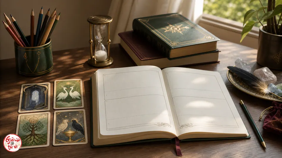 Sổ thực hành bên bốn lá bài biểu tượng dùng để luyện đọc cặp Tarot