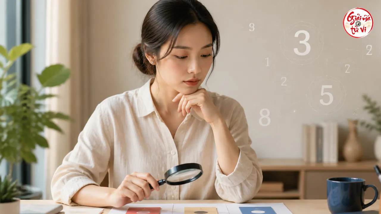 Người phụ nữ Việt Nam dùng kính lúp so sánh ba phương án trên bàn trước khi quyết định