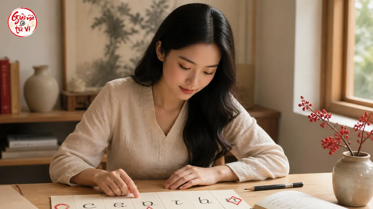 Người phụ nữ Việt Nam quan sát vị trí đầu, cuối và nguyên âm đầu trong một dãy thẻ chữ cái