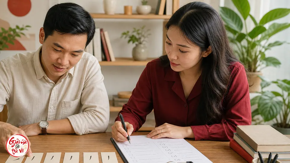 Hai người Việt Nam đối chiếu thẻ chữ cái với phiếu ghi hành vi quan sát được trong một dự án