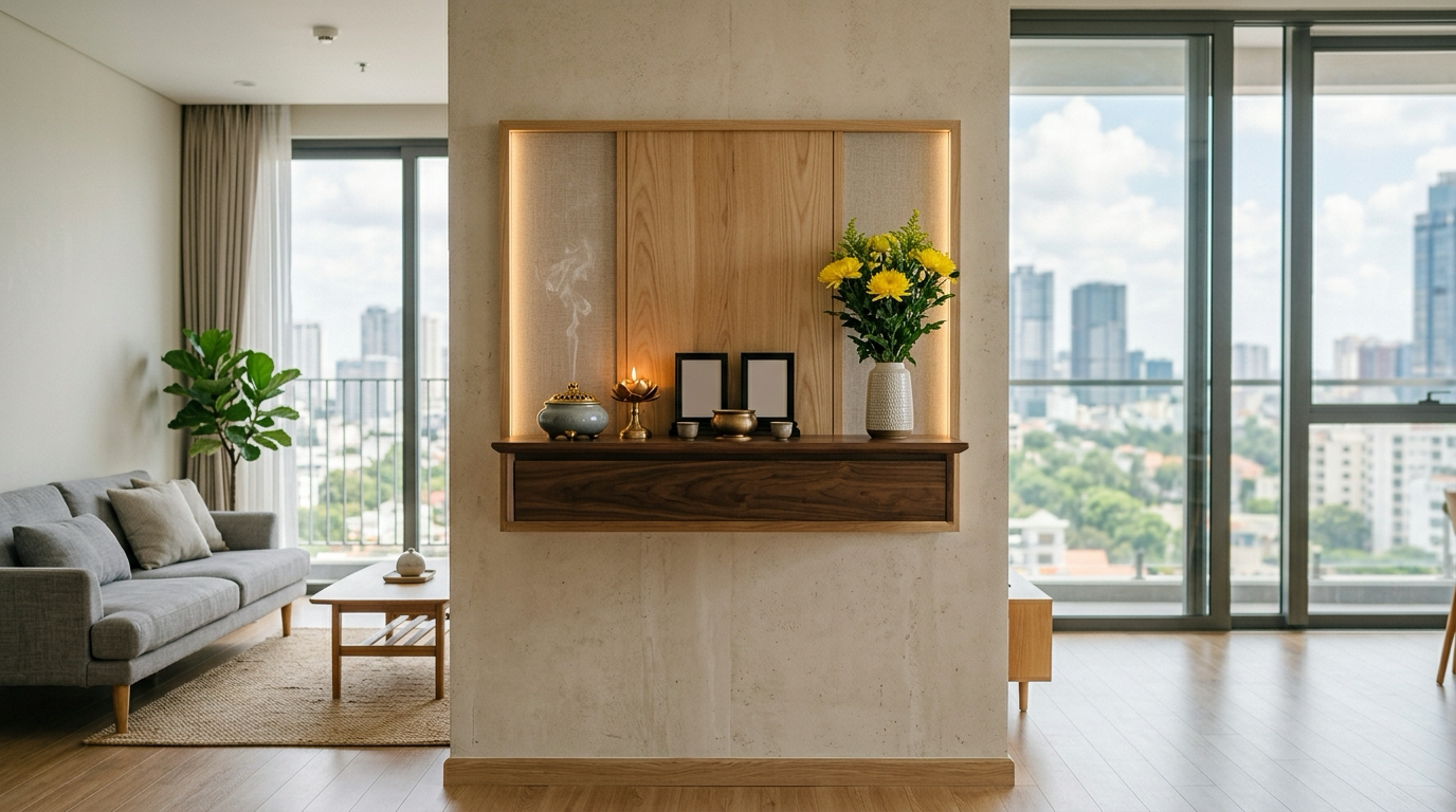 Bàn thờ treo tường gỗ óc chó bài trí trang nhã trong căn hộ chung cư cạnh cửa sổ kính lớn nhìn ra thành phố
