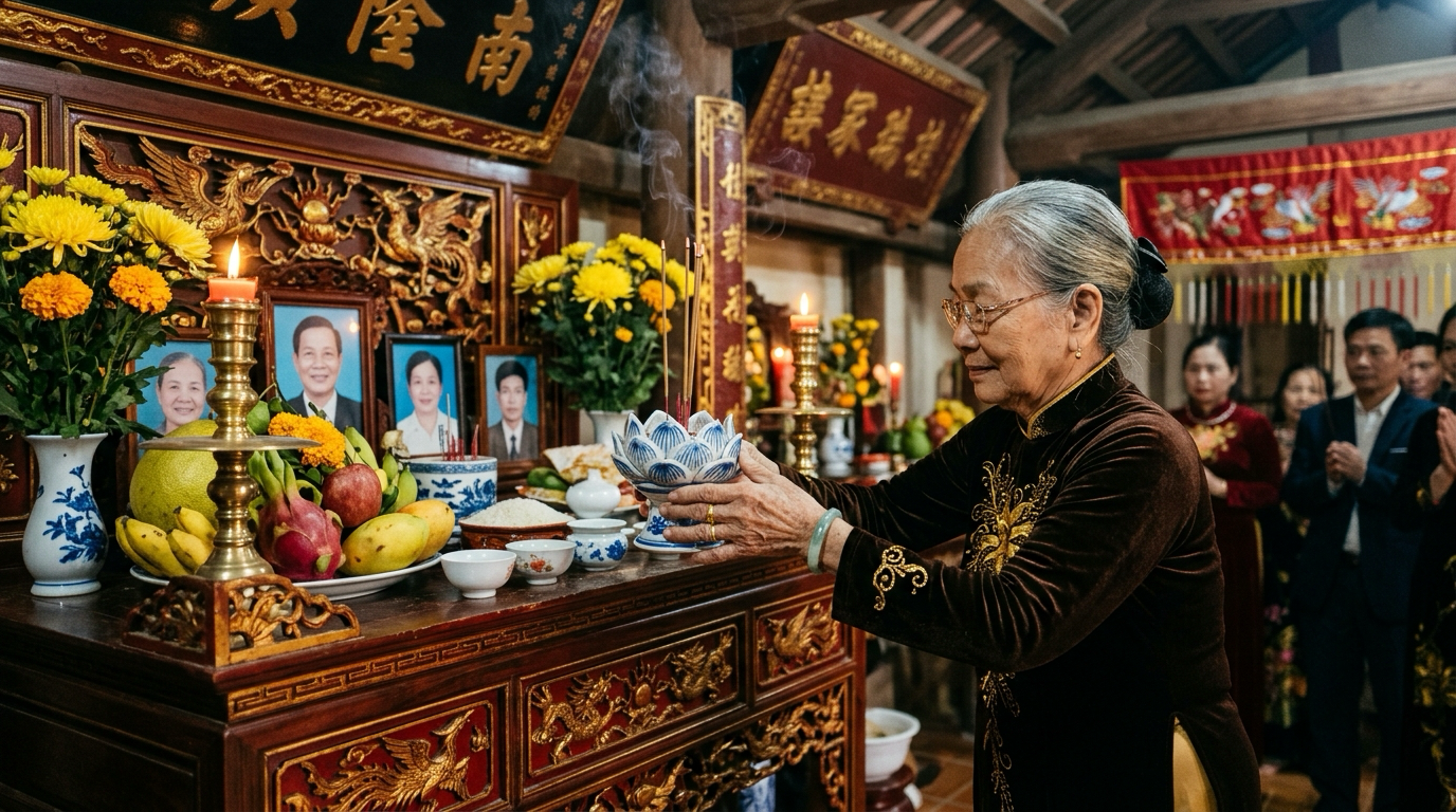 Người lớn tuổi trong gia đình cẩn trọng nâng bát hương sứ sang bàn thờ gia tiên bên cạnh con cháu chắp tay thành kính