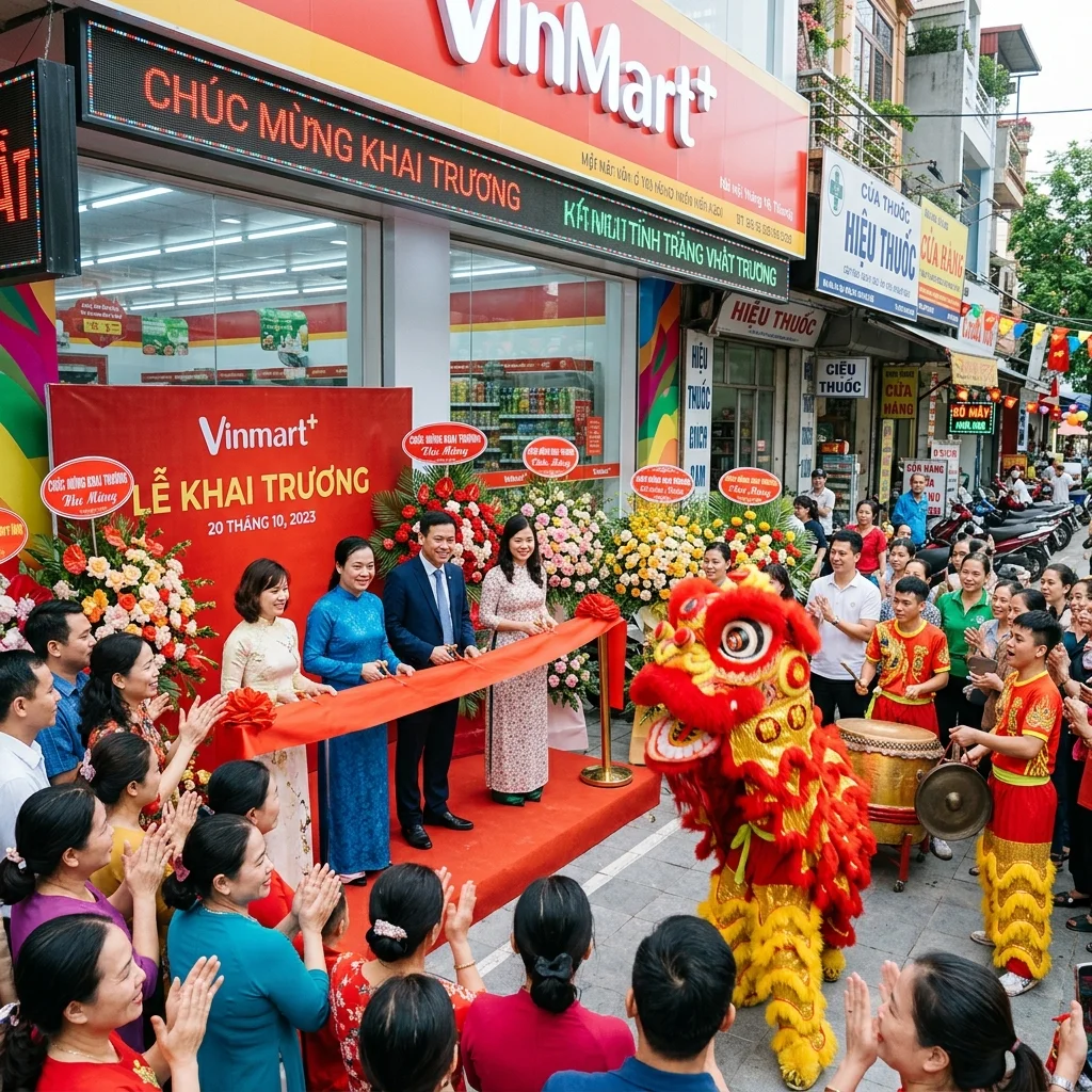 Không khí lễ khai trương rộn ràng với hoa mừng, múa lân sư rồng và đông đảo khách hàng tham quan mua sắm
