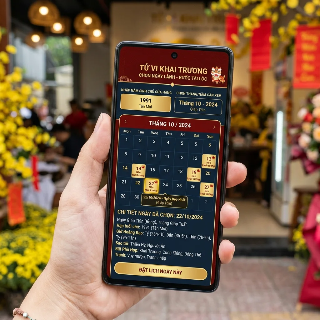 Giao diện công cụ xem ngày khai trương trực tuyến hỗ trợ lọc ngày theo tuổi và ngành nghề
