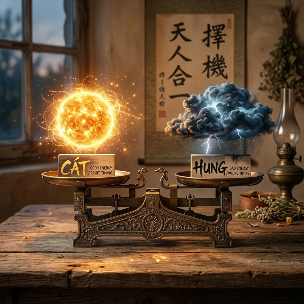 Cán cân biểu trưng cho sự cân bằng giữa trường khí cát tinh và hung tinh trong thuật trạch cát