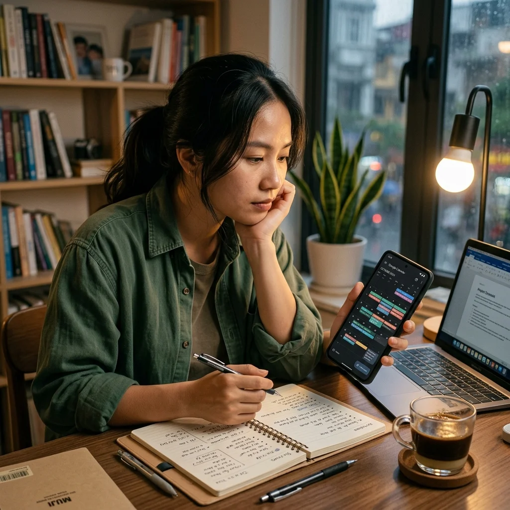 Người dùng tra cứu lịch vạn sự trên điện thoại thông minh để lên kế hoạch công việc thuận lợi