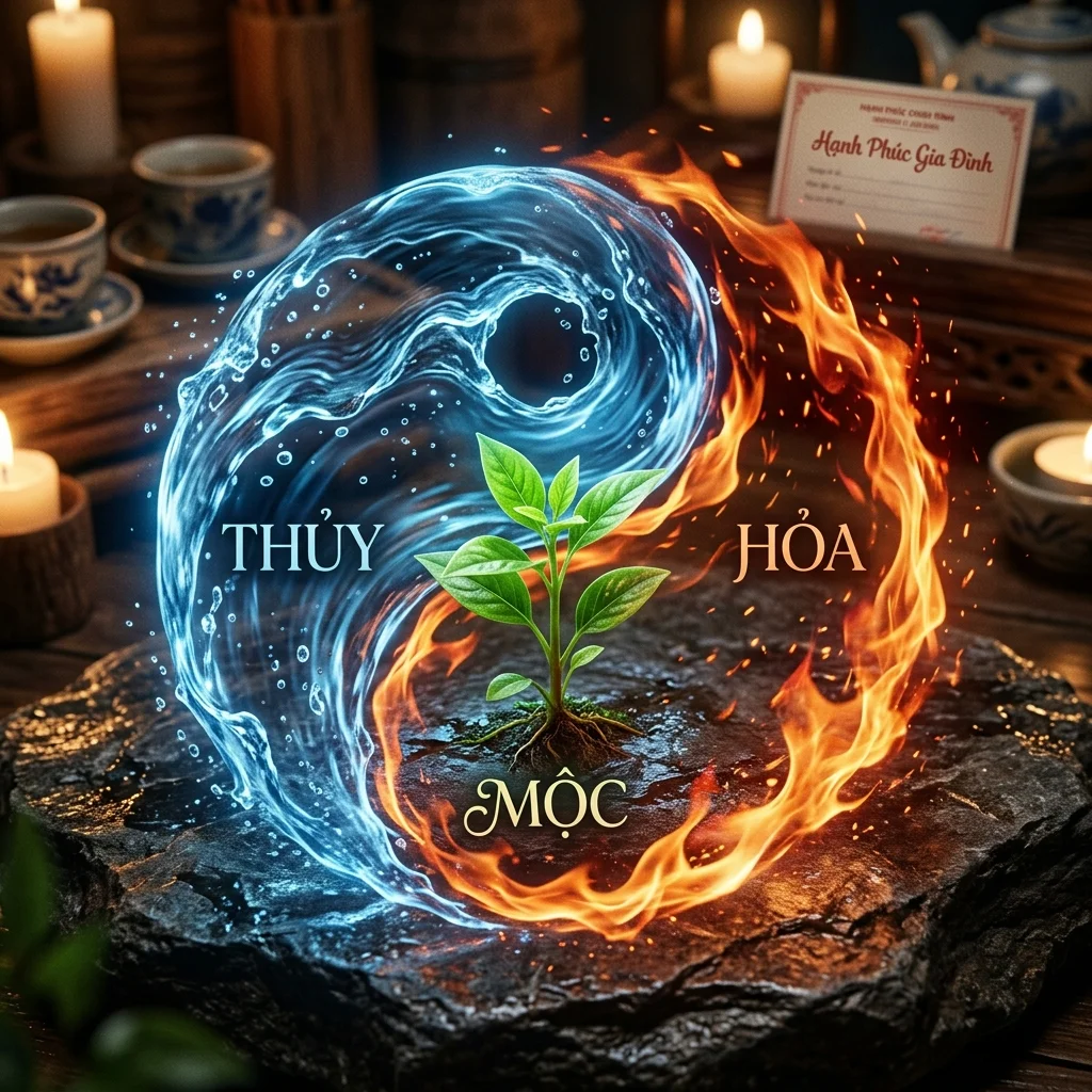 Sơ đồ tương sinh tương khắc ngũ hành mô tả nguyên lý dùng đứa con làm cầu nối năng lượng trung hòa giữa cha và mẹ