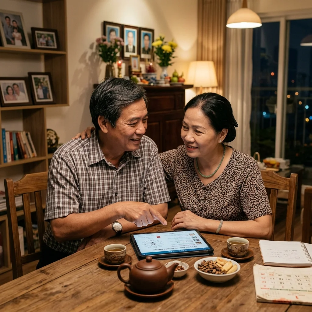 Vợ chồng cùng nhau xem phong thủy gia đạo và bàn luận kế hoạch tổ ấm tương lai
