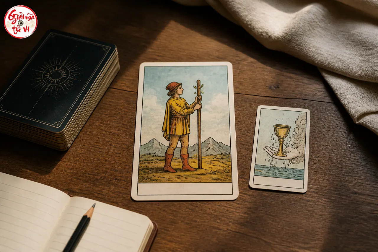 Một lá Tarot chính, một lá bổ sung nhỏ và bộ bài đã đóng bên sổ ghi chép