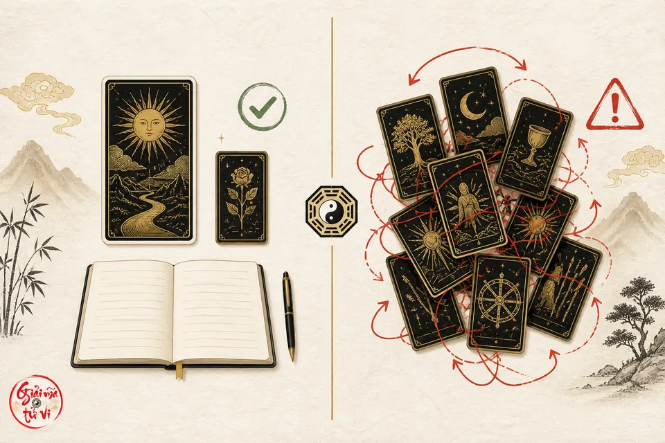 So sánh một cặp lá Tarot rõ ràng với chuỗi nhiều lá chồng chéo gây nhiễu