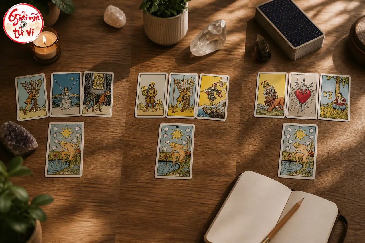 Cùng một lá Tarot hình ngôi sao xuất hiện trong ba lượt trải bài riêng biệt trên bàn