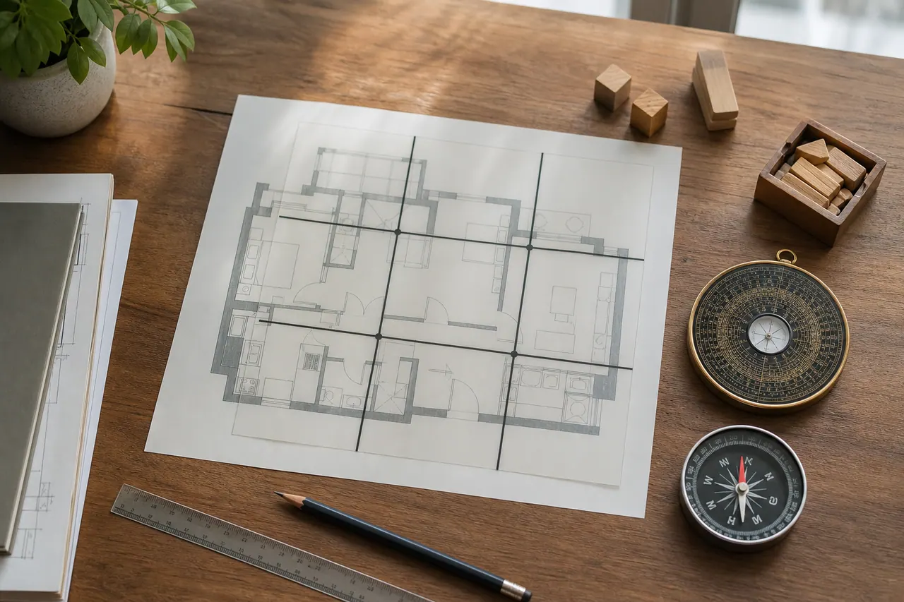 Bản vẽ mặt bằng có các đường lưới đặt cạnh hai la bàn, thước và bút