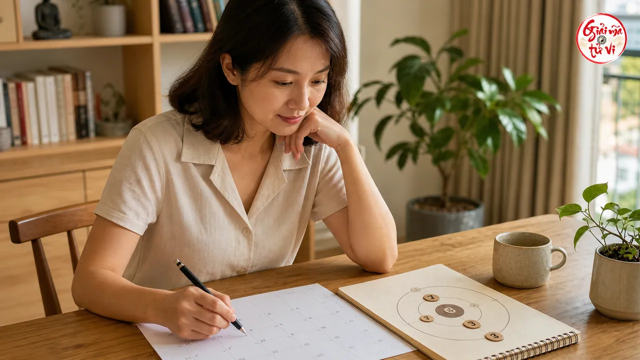Người phụ nữ Việt Nam xem lịch năm 2027 và ghi kế hoạch bên sơ đồ hai tầng bằng các thẻ số