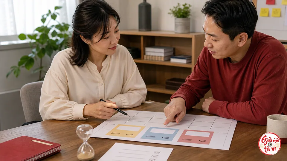 Hai người Việt Nam đối chiếu bảng kế hoạch 90 ngày với các thẻ dấu vết và điều kiện dừng