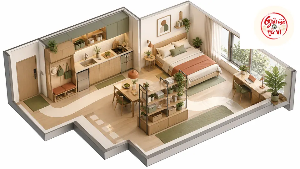 Sơ đồ nhìn từ trên của căn hộ studio có vùng cửa vào, bếp ăn, ngủ nghỉ và làm việc nối bằng lối đi thông thoáng