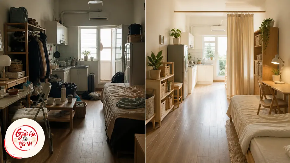 Căn hộ studio trước và sau khi dọn lối đi, gom lưu trữ, thêm rèm phân khu và bố trí góc làm việc sáng