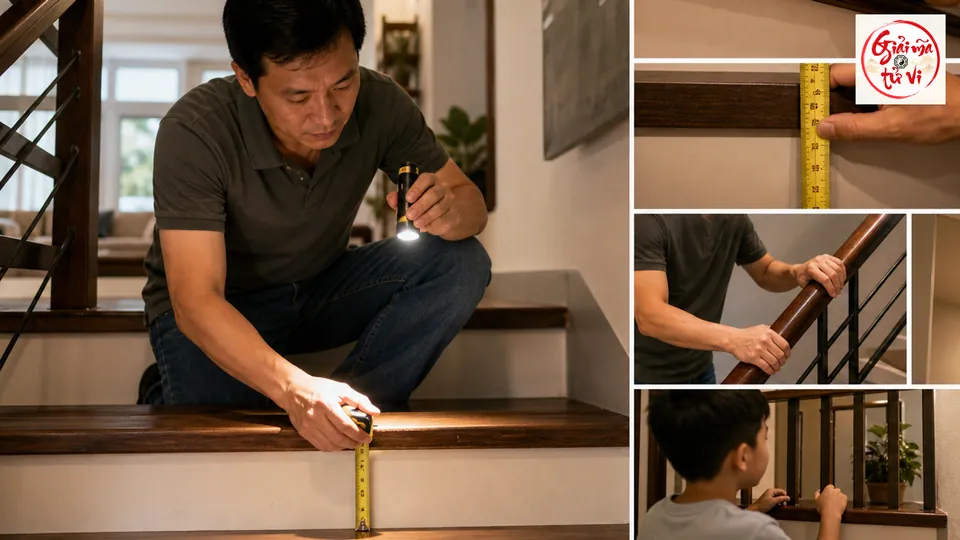 Kiểm tra nhịp bậc, tay vịn, lan can và ánh sáng cầu thang nhà phố theo từng điểm
