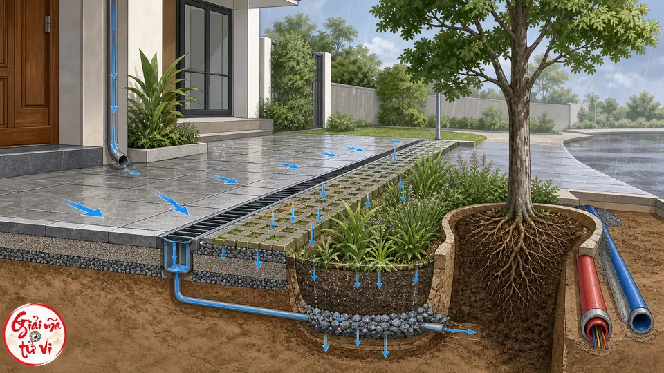 Mặt cắt sân trước với dốc mặt sân, rãnh thu, lát thấm, vùng rễ cây và hạ tầng ngầm tách nhau
