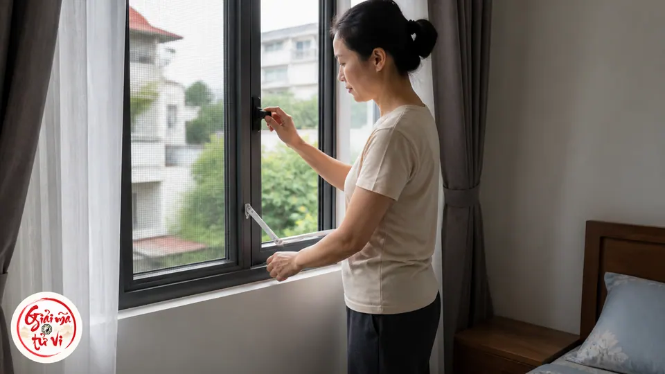 Người lớn kiểm tra chốt khóa, giới hạn mở, lưới côn trùng và rèm hai lớp của cửa sổ phòng ngủ