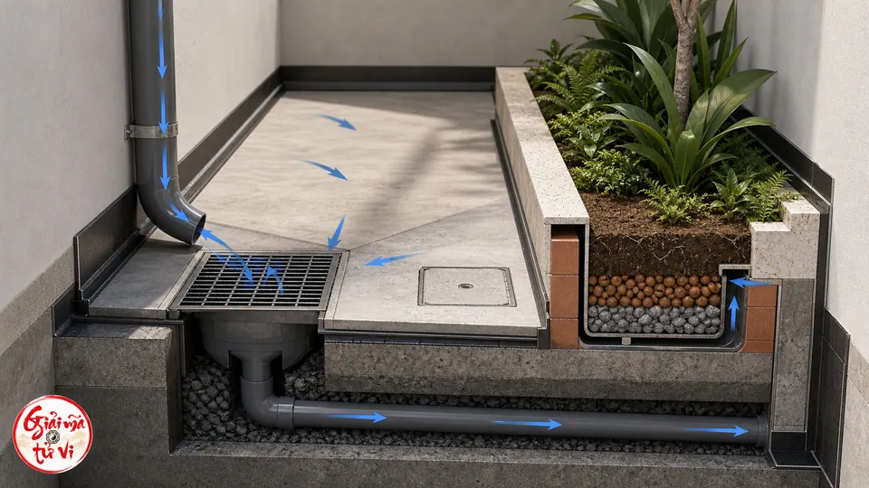 Chi tiết sàn dốc, phễu thu nước, ống thoát và bồn cây tách riêng ở đáy giếng trời