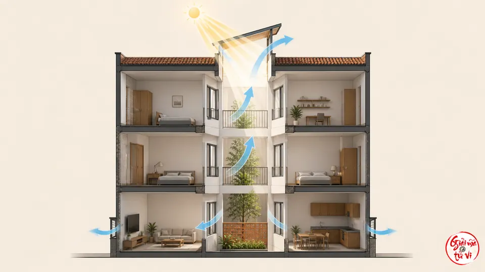 Mặt cắt nhà phố ba tầng cho thấy ánh sáng từ mái và luồng khí đi lên qua giếng trời